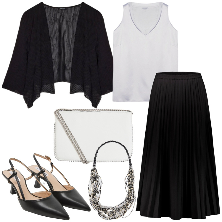 Outfit donna - Black & white. Stile Minimal per Serata fuori. Abbinamento con sabot, borse a tracolla, gonne lunghe, top, collane, bolero.