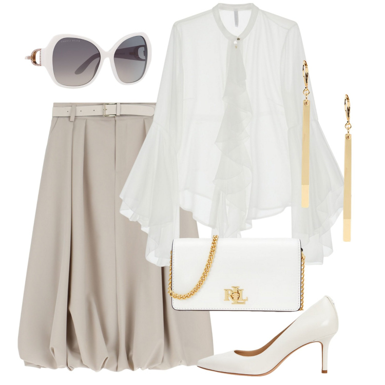 Outfit donna - Total look #2109586. per Ufficio. Abbinamento con camicie, gonne longuette, occhiali da sole, borse a mano, orecchini, décolleté.