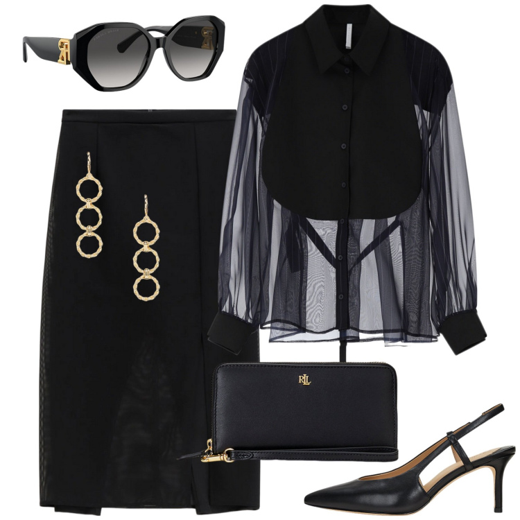 Outfit donna - Total look #2109589. per Ufficio. Abbinamento con camicie, gonne, pochette, occhiali da sole, orecchini, décolleté.