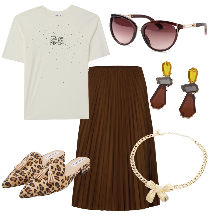 Outfit donna - In una giornata di sole. Stile Casual chic per Tutti i giorni. Abbinamento con occhiali da sole, sabot, t-shirt, collane, orecchini, gonne longuette.