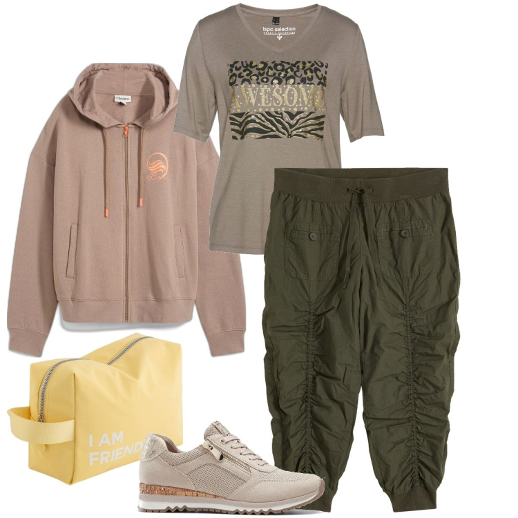 Outfit donna - Comoda per viaggiare. Stile Basic per Tutti i giorni. Abbinamento con sneakers, pantaloni capri, t-shirt, felpe con cappuccio, valigie.