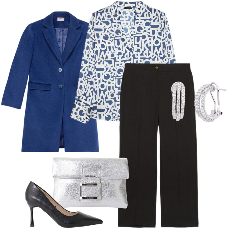 Outfit donna - Una sera a teatro. Stile Bon Ton per Serata fuori. Abbinamento con orecchini, décolleté, pochette, pantaloni, bluse, cappotti.