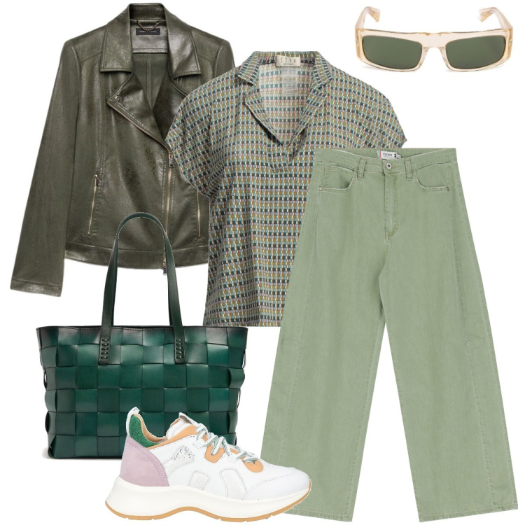 Outfit donna - Nel segno del verde. Stile Urban per Tutti i giorni. Abbinamento con polo, sneakers, pantaloni a palazzo, occhiali da sole, blazer, shopping bag.