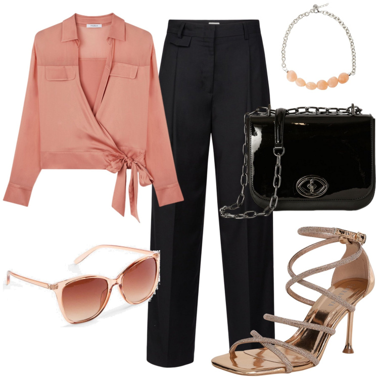 Outfit donna - Elegance…. Stile Chic per Serata fuori. Abbinamento con occhiali da sole, collane, sandali col tacco, camicie, pantaloni, borse a tracolla.