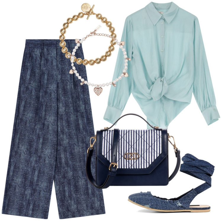 Outfit donna - Semplice e chic. Stile Casual chic per Tutti i giorni. Abbinamento con braccialetti, borse a mano, pantaloni, camicie, braccialetti, ballerine.
