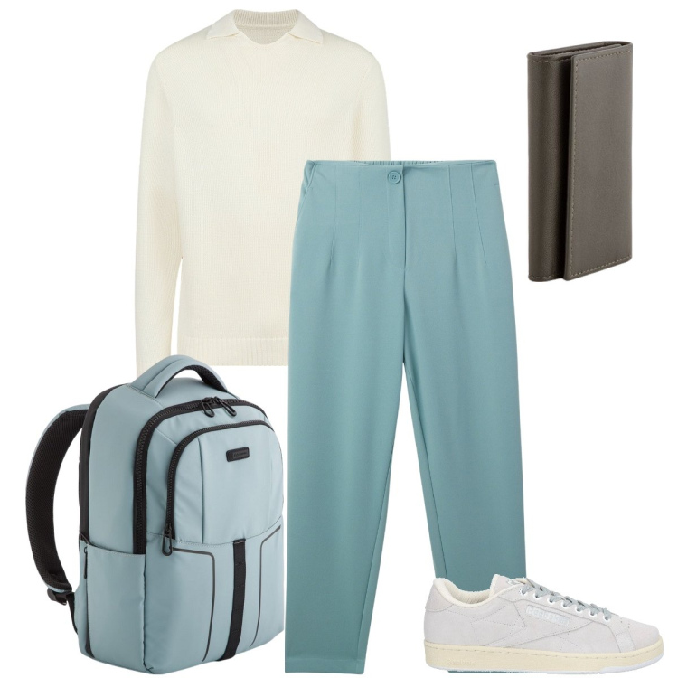 Outfit uomo - Ad un corso di aggiornamento. Stile Business/Elegante per Ufficio. Abbinamento con sneakers, pantaloni chino, maglieria, portachiavi, borse sportive.