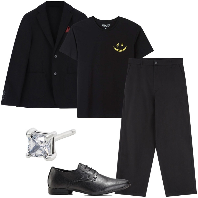 Outfit uomo - La t-shirt che sdrammatizza. Stile Business/Elegante per Cerimonia. Abbinamento con scarpe stringate, t-shirt, orecchini, pantaloni, giacche.