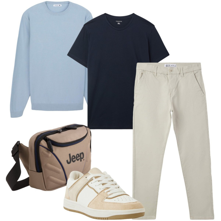Outfit uomo - La t-shirt blu notte. Stile Casual per Ufficio. Abbinamento con t-shirt, pantaloni chino, maglieria, sneakers, borse sportive.