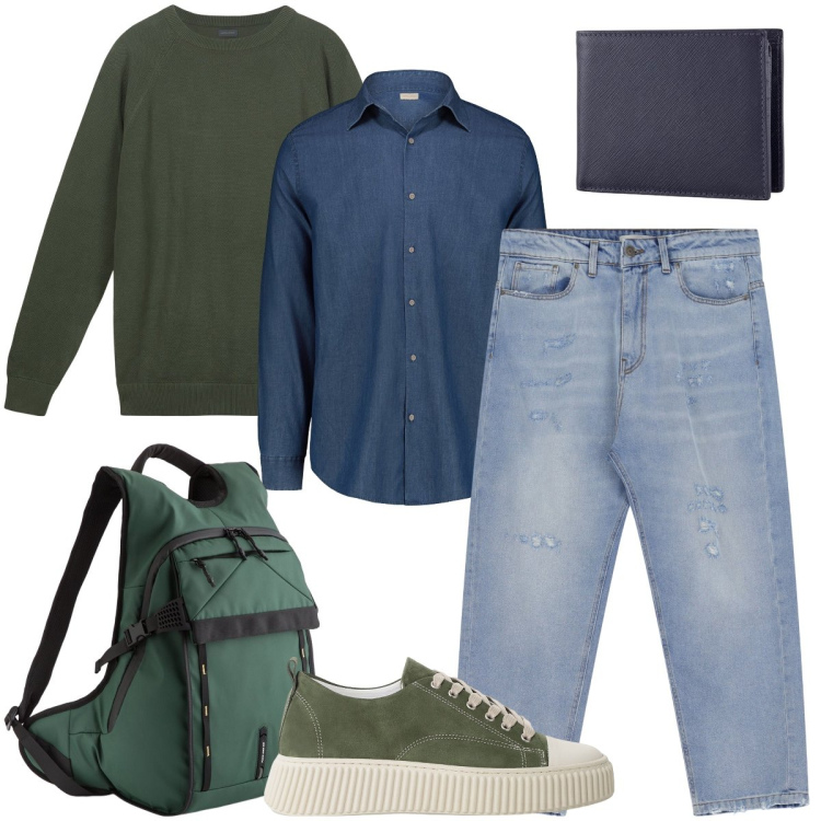 Outfit uomo - Non solo denim. Stile Casual per Ufficio. Abbinamento con sneakers, jeans, camicie, borse sportive, portafogli, maglieria.