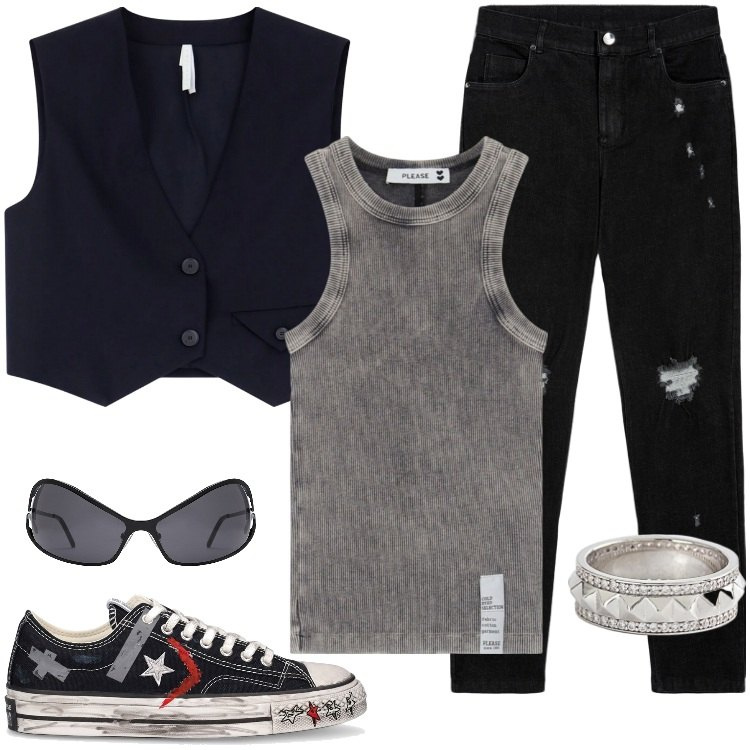 Outfit donna - Back in the 80\'s. Stile Rock per Tutti i giorni. Abbinamento con anelli, canottiere, gilet, jeans skinny, sneakers, occhiali da sole.