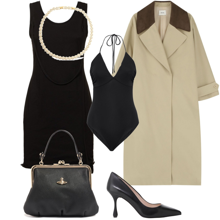 Outfit donna - Festa di Pasqua elegante. Stile Glamour per Serata fuori. Abbinamento con décolleté, trench, body, collane, vestiti corti, borse a mano.