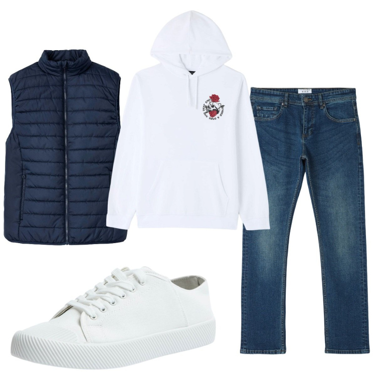 Outfit uomo - Total look #2109644. Stile Casual per Tutti i giorni. Abbinamento con gilet, felpe con cappuccio, jeans dritti, sneakers.
