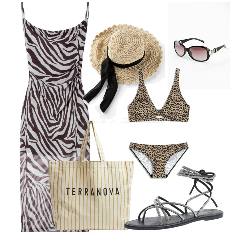 Outfit donna - Andiamo al mare?. Stile Basic per Mare. Abbinamento con bikini, cappelli, occhiali da sole, vestiti lunghi, sandali alla schiava, borse tote.