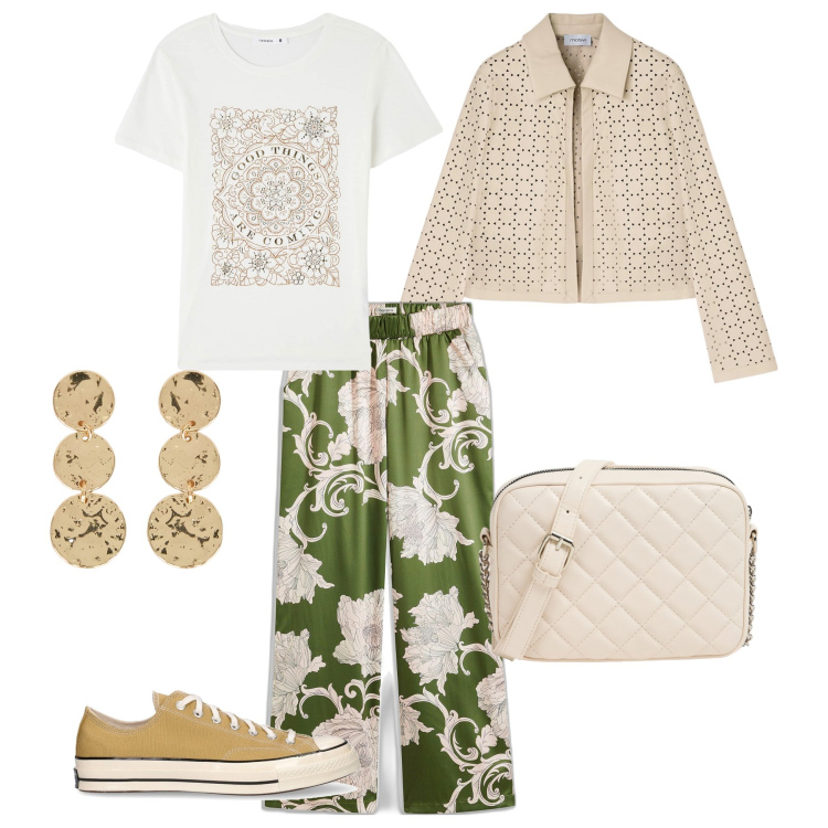Outfit donna - Pasqua al lago. Stile Casual Abbinamento con pantaloni a palazzo, t-shirt, borse a tracolla, orecchini, blazer, sneakers.