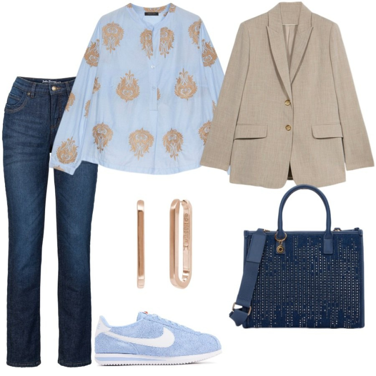 Outfit donna - Colazione in centro. Stile Casual chic per Tutti i giorni. Abbinamento con jeans dritti, orecchini, bluse, blazer, sneakers, borse a mano.