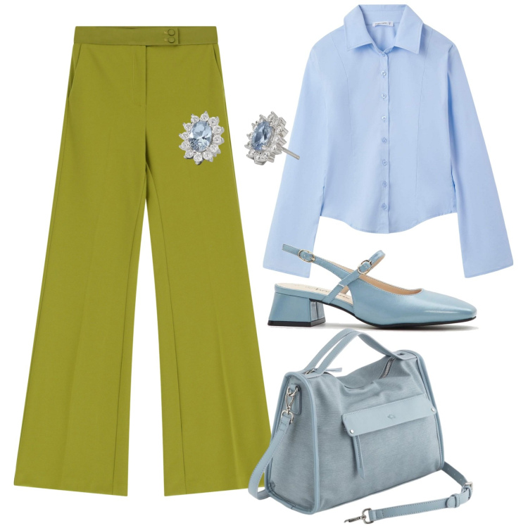Outfit donna - Ufficio low cost. Stile Casual chic per Ufficio. look ideale per Tall. Abbinamento con décolleté, camicie, orecchini, pantaloni, borse a mano.