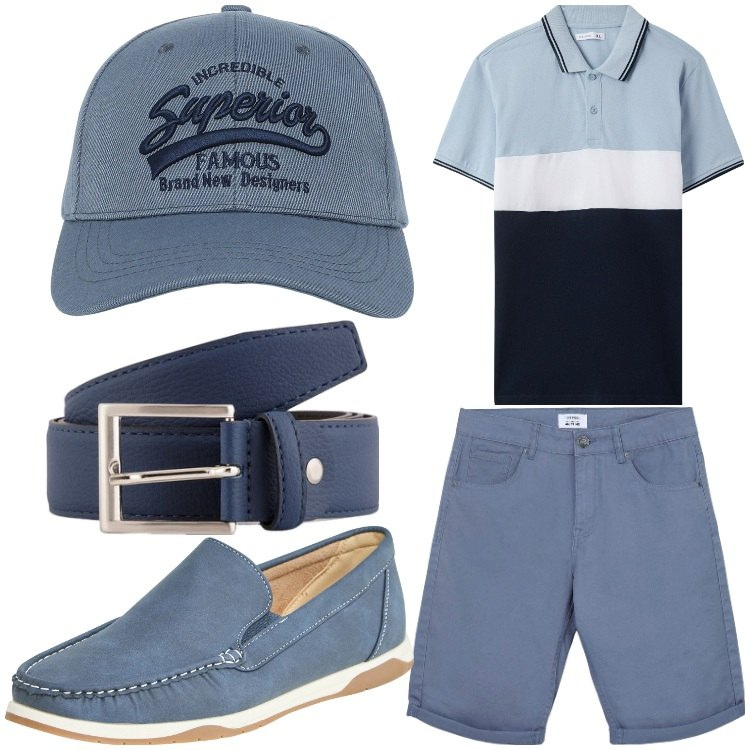 Outfit uomo - Voglia di estate. Stile Casual per Tutti i giorni. Abbinamento con scarpe stringate, cappelli con visiera, polo, bermuda, cinture.