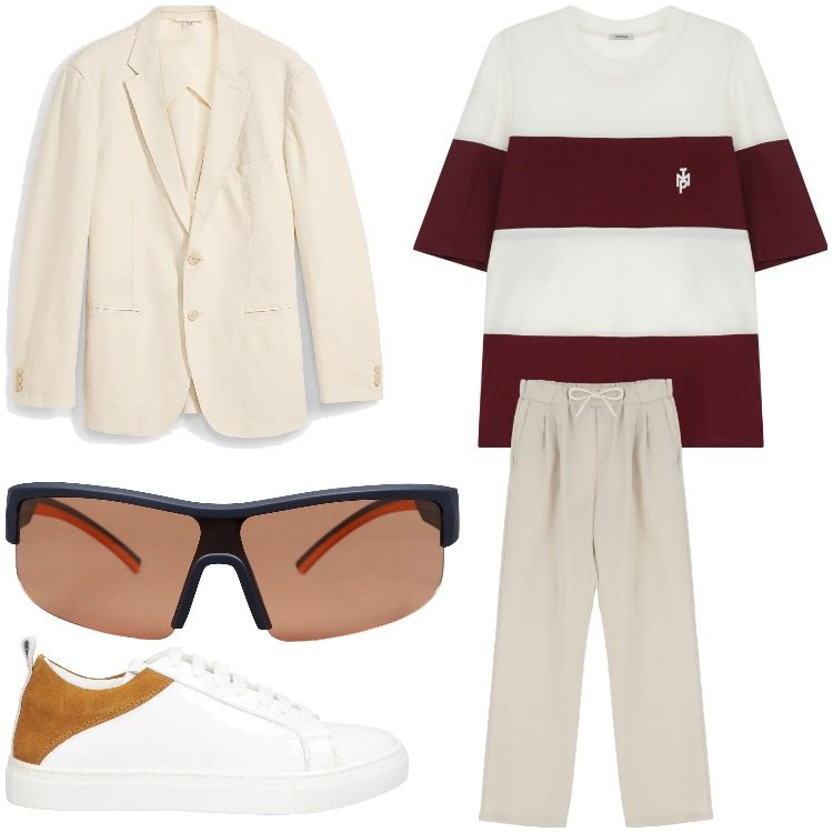 Outfit uomo - Relax. Stile Casual per Ufficio. Abbinamento con giacche, occhiali da sole, sneakers, t-shirt, pantaloni.