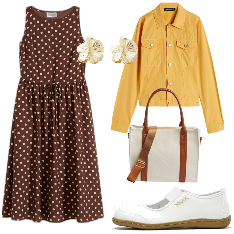 Outfit donna - Toni caldi. Stile Basic per Tutti i giorni. Abbinamento con ballerine, vestiti midi/longuette, shopping bag, blazer, orecchini.