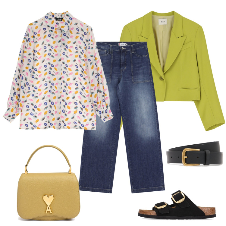 Outfit donna - Allegria e colore. Stile Casual chic per Tutti i giorni. Abbinamento con jeans, blazer, camicie, sandali, borse a mano, cinture.