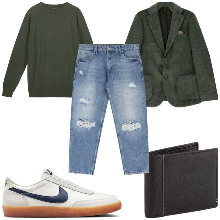 Outfit uomo - Total look #2109673. Stile Casual per Tutti i giorni. Abbinamento con jeans strappati, giacche, sneakers, portafogli, maglieria.
