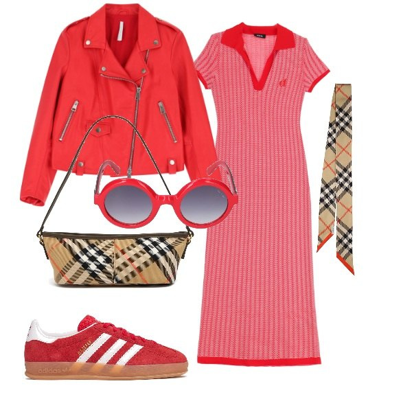 Outfit donna - Tocco di Rosso. Stile Trendy per Tutti i giorni. Abbinamento con giacche, vestiti midi/longuette, borse a mano, occhiali da sole, foulard, sneakers.
