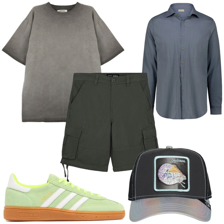 Outfit uomo - Total look #2109679. Stile Trendy per Tutti i giorni. Abbinamento con bermuda, t-shirt, cappelli con visiera, sneakers, camicie.