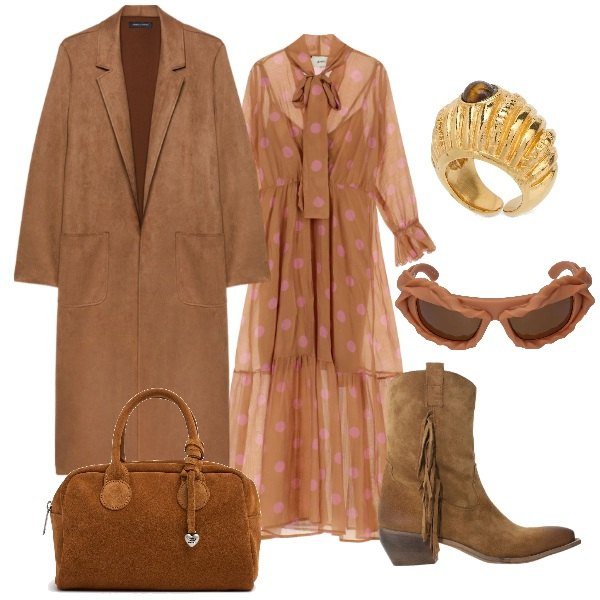 Outfit donna - Bohoo Chic. Stile Romantica per Tutti i giorni. Abbinamento con vestiti lunghi, stivali, trench, occhiali da sole, borse a mano, anelli.