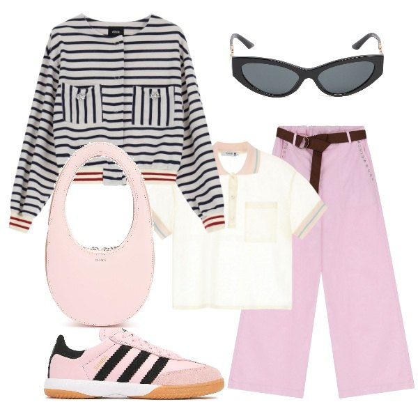 Outfit donna - Pink. Stile Trendy per Tutti i giorni. Abbinamento con polo, blazer, pantaloni, sneakers, occhiali da sole, borse a mano.
