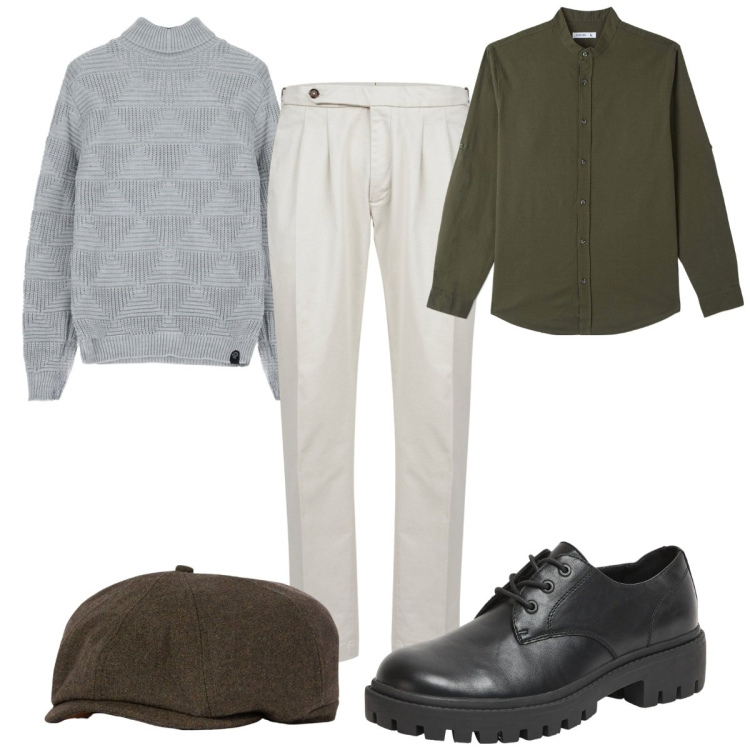 Outfit uomo - Total look #2109685. Stile Trendy per Tutti i giorni. Abbinamento con camicie, scarpe stringate, maglieria, pantaloni, cappelli e berretti.