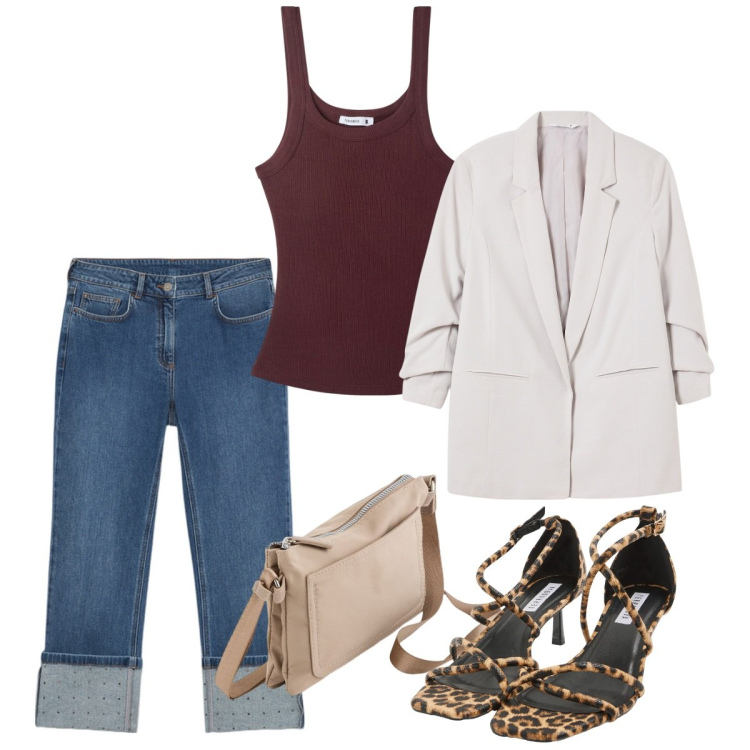 Outfit donna - Tocco animalier. Stile Casual chic per Tutti i giorni. Abbinamento con blazer, sandali col tacco, canottiere, jeans, borse a tracolla.