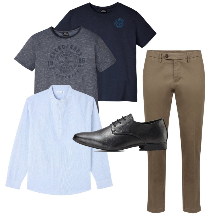 Outfit uomo - Total look. Stile Casual per Tutti i giorni. Abbinamento con scarpe stringate, t-shirt, camicie, pantaloni chino.