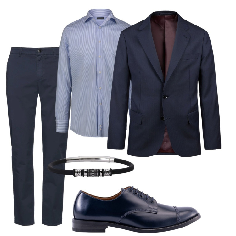 Outfit uomo - Elegante in blu alla cerimonia. Stile Business/Elegante per Cerimonia. Abbinamento con pantaloni chino, braccialetti, abiti, scarpe stringate, camicie.