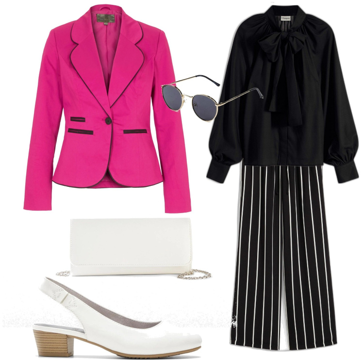Outfit donna - Pantaloni a righe e blazer fucsia. Stile Bon Ton per Ufficio. Abbinamento con camicie, décolleté, pantaloni, pochette, occhiali da sole, blazer.