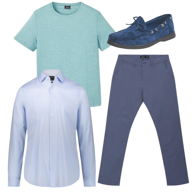Outfit uomo - Total blu. Stile Casual per Tutti i giorni. Abbinamento con t-shirt, scarpe stringate, pantaloni chino, camicie.