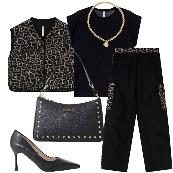 Outfit donna - Grinta Urbana: Eleganza in Animalier. Stile Urban per Ufficio. Abbinamento con décolleté, top, gilet, borse a spalla, pantaloni cargo, collane.