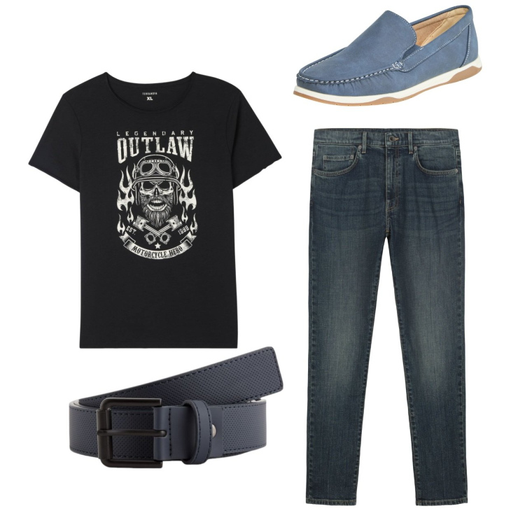 Outfit uomo - Total look. Stile Casual per Tutti i giorni. Abbinamento con t-shirt, scarpe stringate, cinture, jeans.