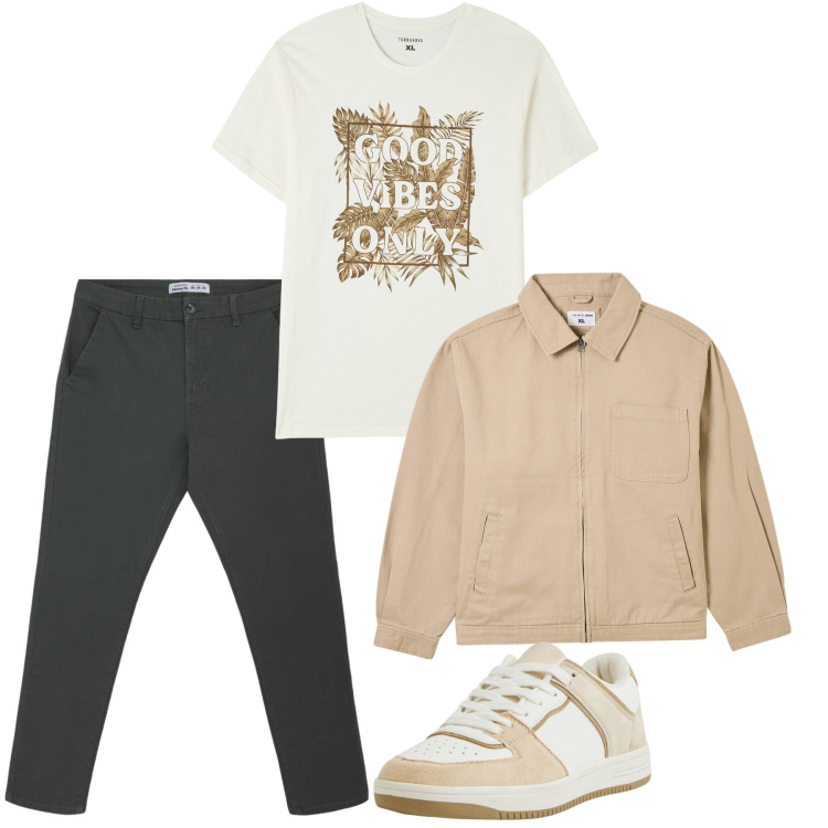 Outfit uomo - Pomeriggio libero. Stile Casual per Tutti i giorni. Abbinamento con pantaloni chino, t-shirt, sneakers, giacche.