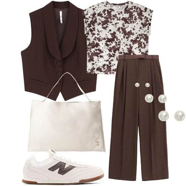 Outfit donna - Cioccolato e Perle. Stile Casual chic per Ufficio. Abbinamento con sneakers, gilet, t-shirt, borse a spalla, pantaloni, orecchini.