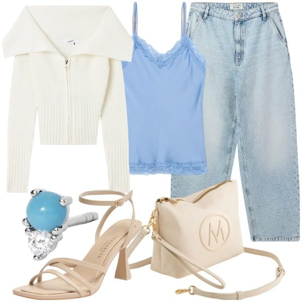 Outfit donna - Azzurro. Stile Casual chic per Serata fuori. Abbinamento con cardigans, sandali col tacco, jeans, orecchini, top, valigie.
