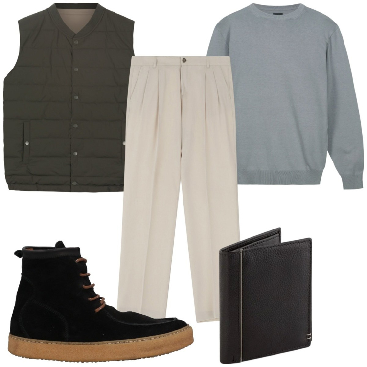 Outfit uomo - Total look #2109760. Stile Casual per Tutti i giorni. Abbinamento con stivali e stivaletti, pantaloni, maglieria, gilet, portafogli.