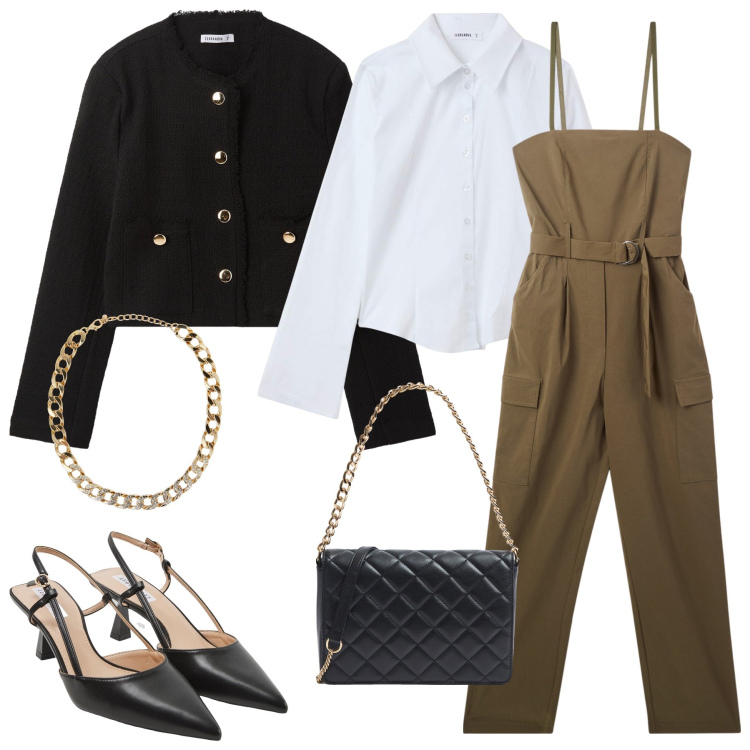 Outfit donna - La tuta verde. Stile Glamour per Cerimonia. Abbinamento con tute, blazer, camicie, sabot, collane, borse a tracolla.