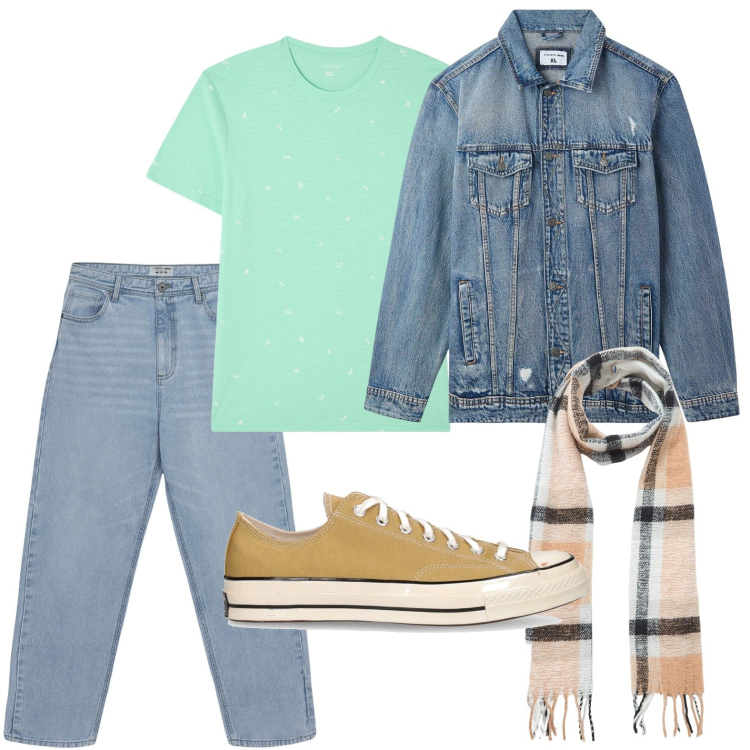 Outfit uomo - Denim forever. Stile Trendy per Tutti i giorni. Abbinamento con t-shirt, giacche, sciarpe, jeans, sneakers.