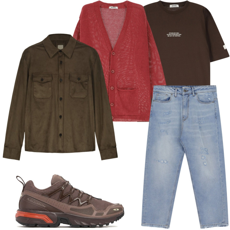 Outfit uomo - Un giorno di primavera. Stile Trendy per Tutti i giorni. Abbinamento con t-shirt, cardigans, jeans, giacche, sneakers.