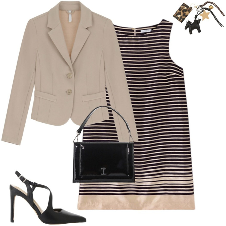 Outfit donna - Viva le righe. Stile Chic per Serata fuori. Abbinamento con borse a tracolla, décolleté, blazer, portachiavi, vestiti a tubino.