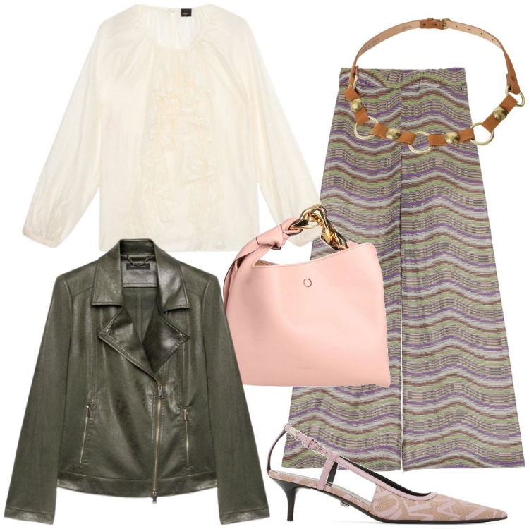 Outfit donna - Un evento da festeggiare. Stile Chic per Serata fuori. Abbinamento con borse a mano, cinture, pantaloni, blazer, décolleté, bluse.