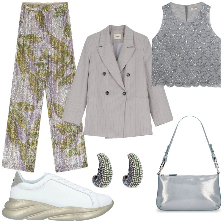 Outfit donna - Tessuti preziosi e sneakers. Stile Casual chic per Serata fuori. Abbinamento con sneakers, pantaloni a palazzo, blazer, top, borse a spalla, orecchini.