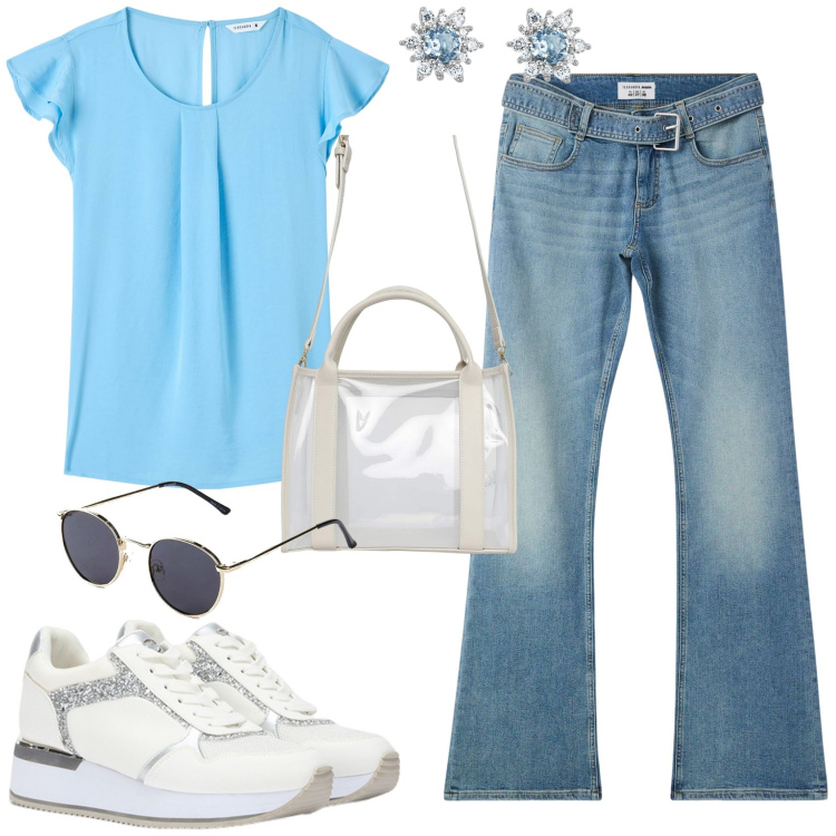 Outfit donna - Azzurro. Stile Casual per Tutti i giorni. Abbinamento con occhiali da sole, bluse, jeans a zampa, borse tote, orecchini, sneakers.