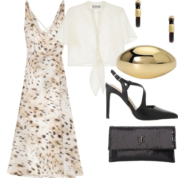 Outfit donna - Andamento lento. Stile Chic per Serata fuori. Abbinamento con anelli, vestiti, camicie a manica corta, borse a tracolla, décolleté, orecchini.