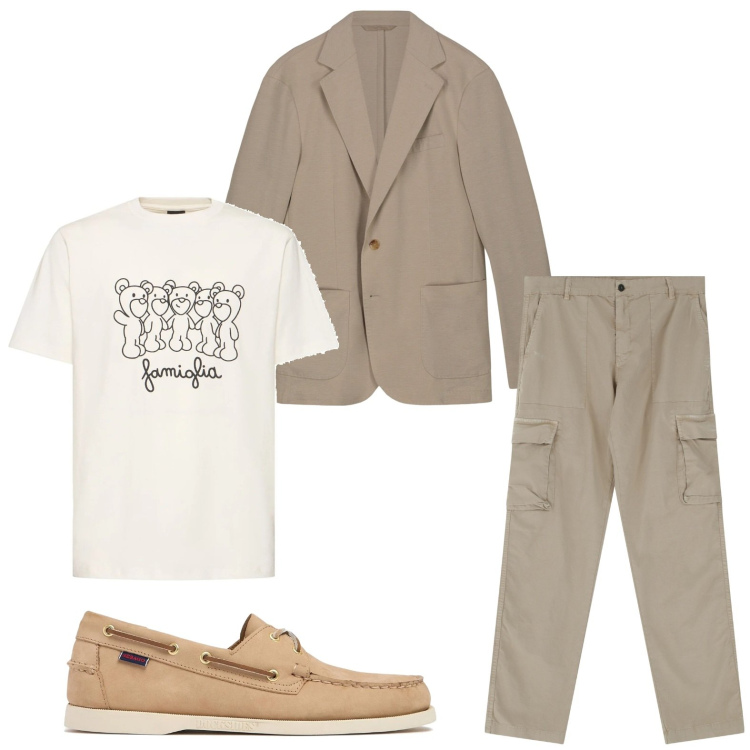 Outfit uomo - Cream style. Stile Casual per Tutti i giorni. Abbinamento con pantaloni cargo, giacche, t-shirt, scarpe stringate.